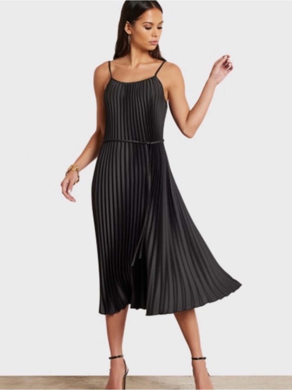 Sam Edelman Black Pleated Spaghetti-Strap Midi Dress XL